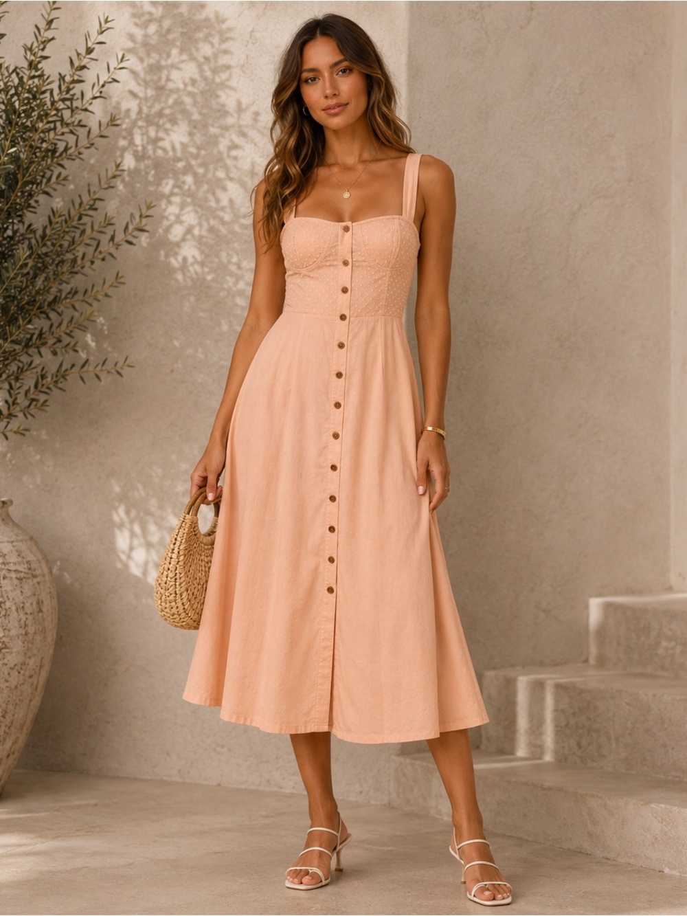 WeWoreWhat Harper Midi Dress Maple Sugar Button Front Bustier XS Cotton